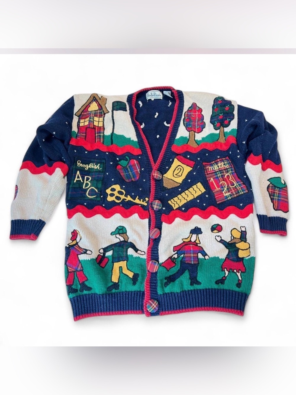 BellePointe Vintage School Teacher Cardigan Sweater Navy Blue Plaid Applique M
